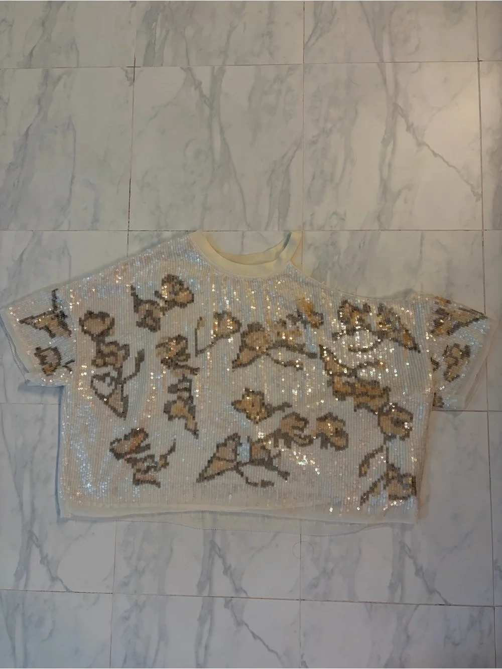 Free People Cream Sequin Cold-Shoulder Floral Crop Top